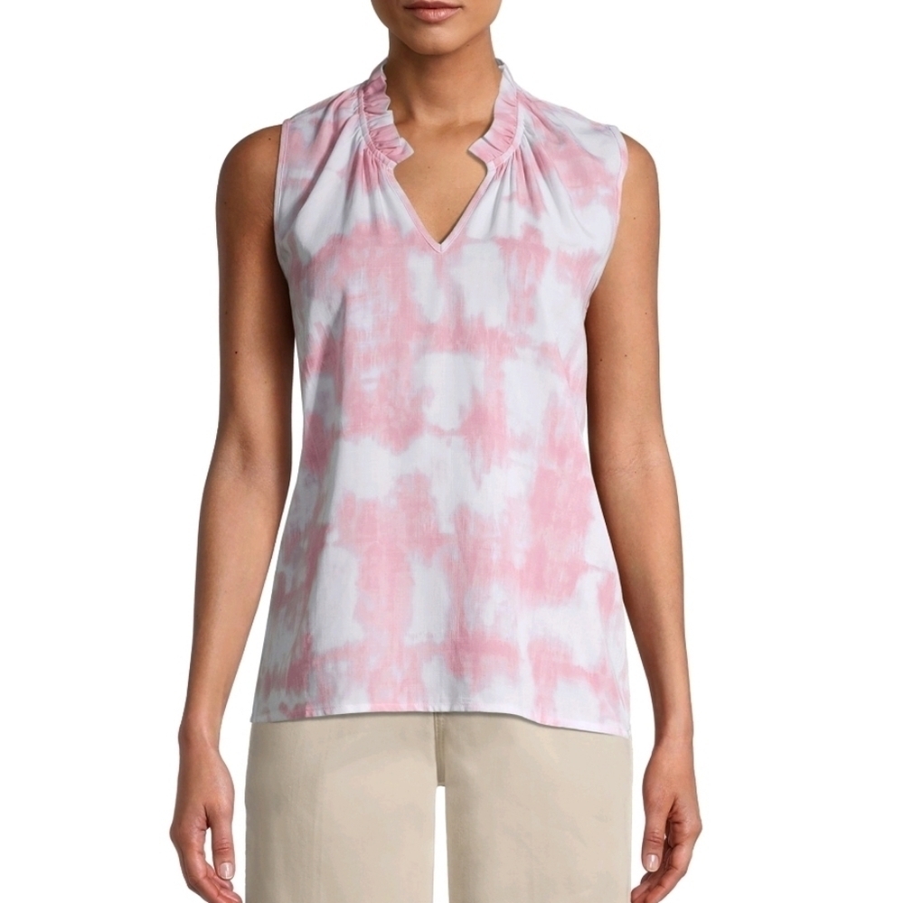 Time & Tru Pink and White Tie Dye Sleeveless Split Neck Top Size Women's XXXL 22